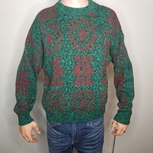 Rave Sweater Green Burgundy Geometric Tribal Knit Pullover Mens M